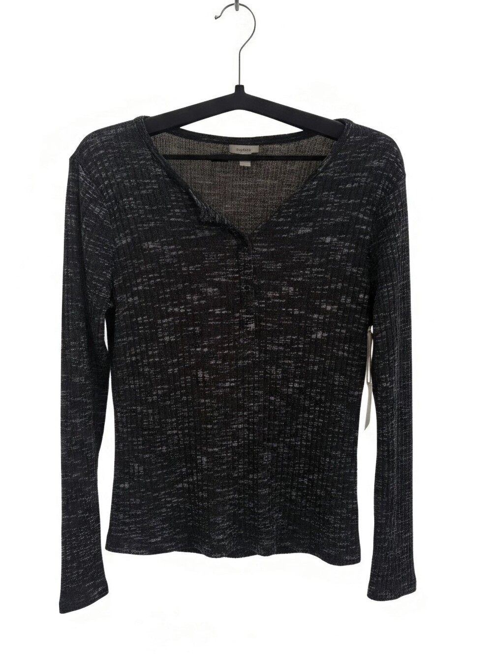 NWT ana a new approach Ribbed Knit Henley Long Sleeve Top, Black/Gray Space Dye,